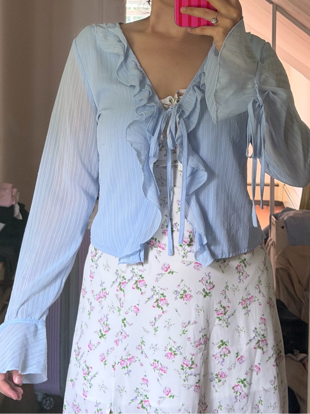 Light Blue Ruffle Tie-Front Blouse - Women